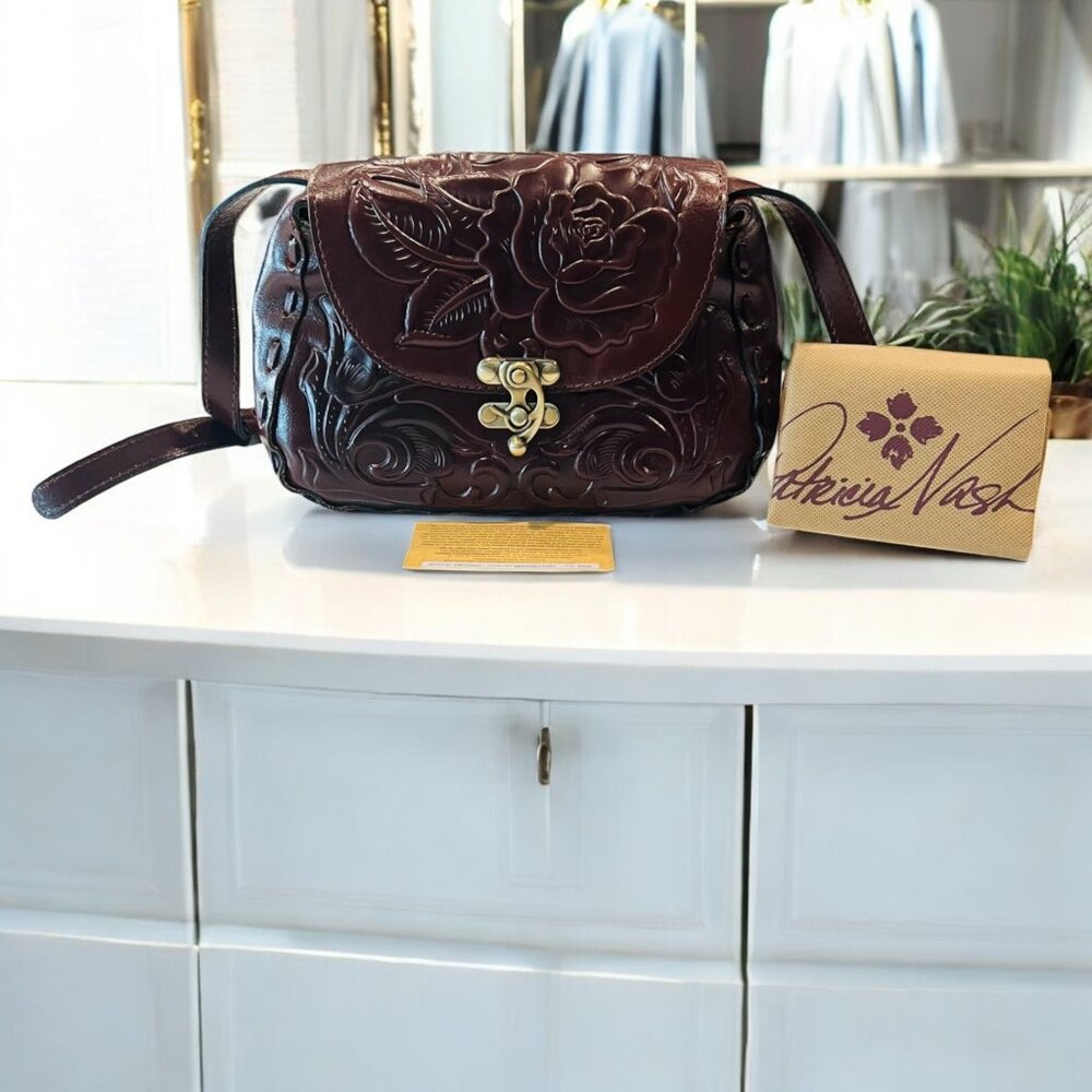 NWOT Patricia Nash Lucia Tooled Leather Crossbody Bag. Rosetool, SM 10"x6"x4"